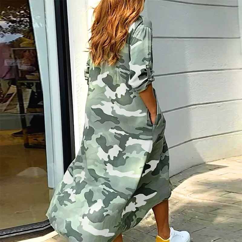 

2021 Spring Camouflage Print Long Shirt Dress Women Single Breasted Button Party Dress Sexy Turn-down Collar Sequin Pocket Dress