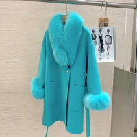 2021 autumn winter new double sided cashmere long wool coat women with real fox fur collar women mid length belted woolen coat