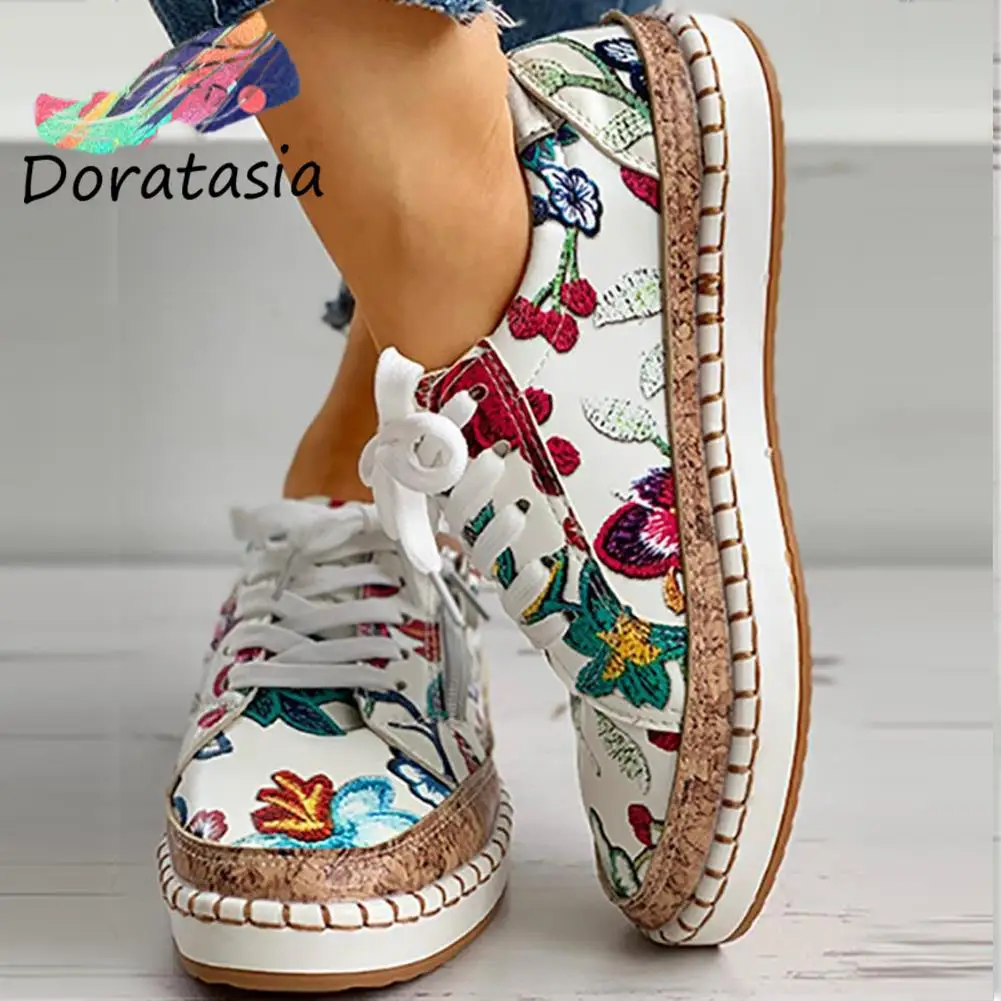 

Brand leisure platform chunky female sneakers casual floral lace up sewing round toe vulcanize shoes women fashion shoes woman