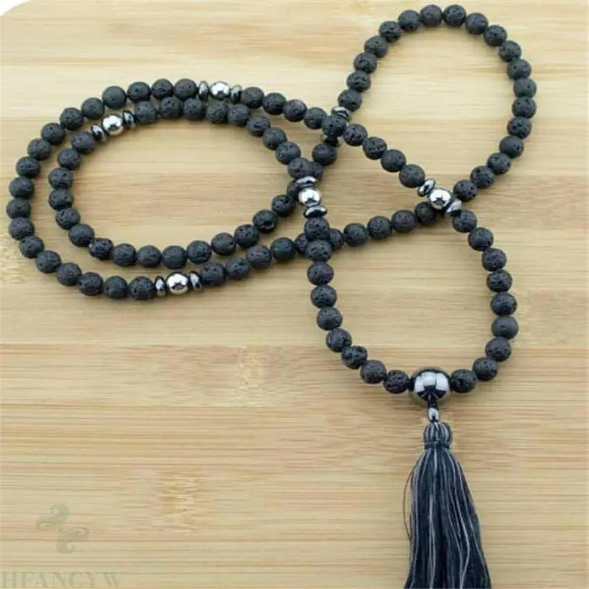 

8mm 108 natural black lava Gemstone Mala necklace band Tassel Chakas Healing Buddhism Tassel Gemstone pray energy Sutra Handmade