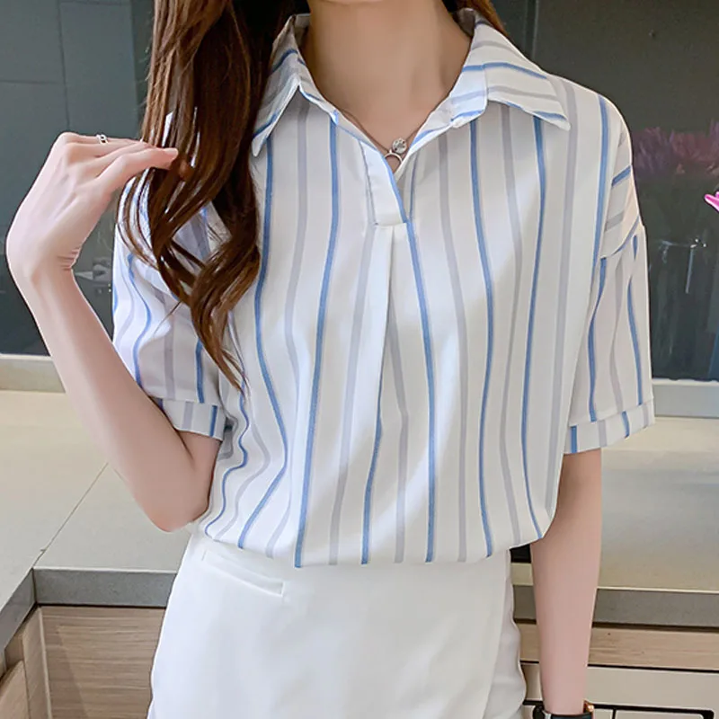 

Blusas Mujer De Moda 2021 Verano Loose V-neck Stripe Shirt Women's Chiffon Tops Dropshipping Blouses for Women office wear 2183