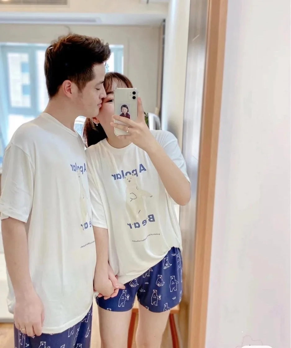 

2020 Japan pique New modal polar bear couple cartoon short sleeve pajamas suit for men and women homewear