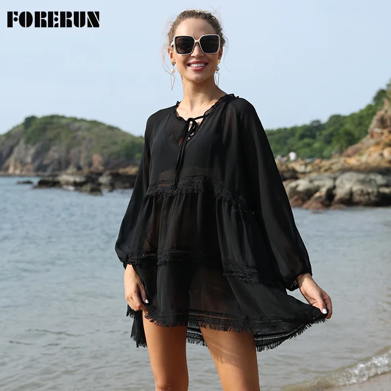 

FORERUN Tunic Beach Dress Women Chiffon Tassel Sheer Long Sleeve Robe Plage Femme Sarong Summer Swimwear Bikini Cover Up