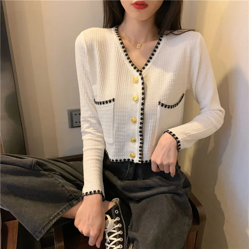 

Spring Women V-neck Knitted Cardigan Sweater Female's Ins Fashion Patchwork Knitted Cardigan Top
