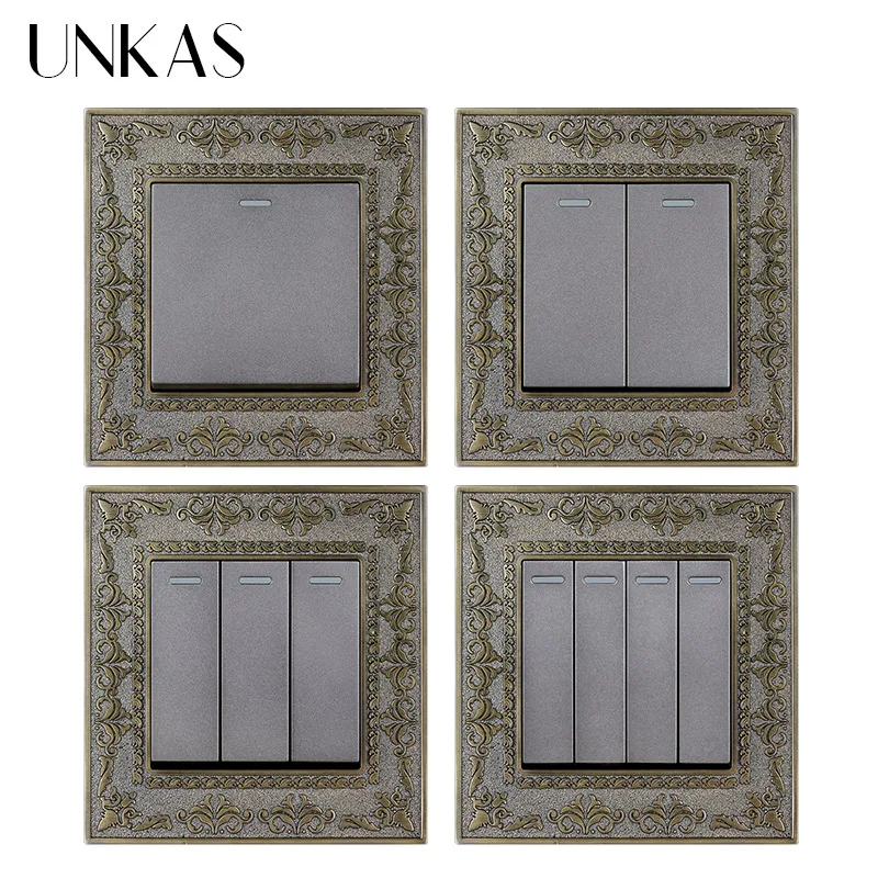 

UNKAS 1 2 3 4 Gang 1 / 2 Way Wall Light On / Off Switch Grey 4D Embossing Panel Retro Zinc Alloy Luxury Pass Through Gray 86MM