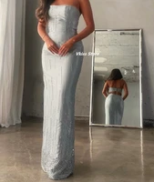 elegant silver beads satin prom dresses 2022 strapless cut out waist floor length women long party evening gowns robe de soiree