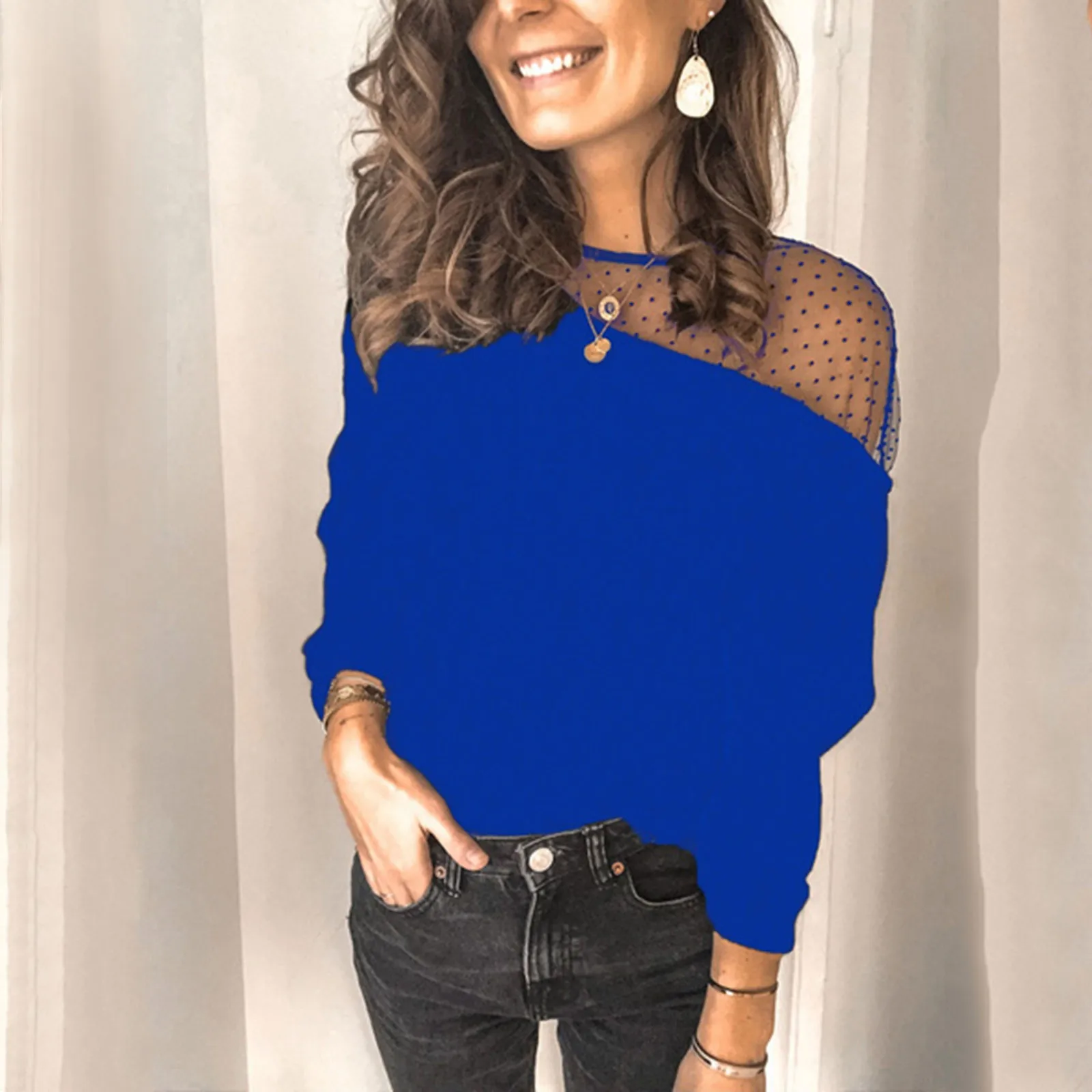 Женские блузки Прозрачные кружевные топы в горошек на одно плечо Лоскутные Топы