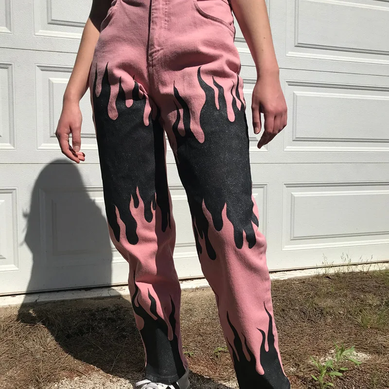 Модные розовые брюки с принтом огненного пламени женские повседневные длинные