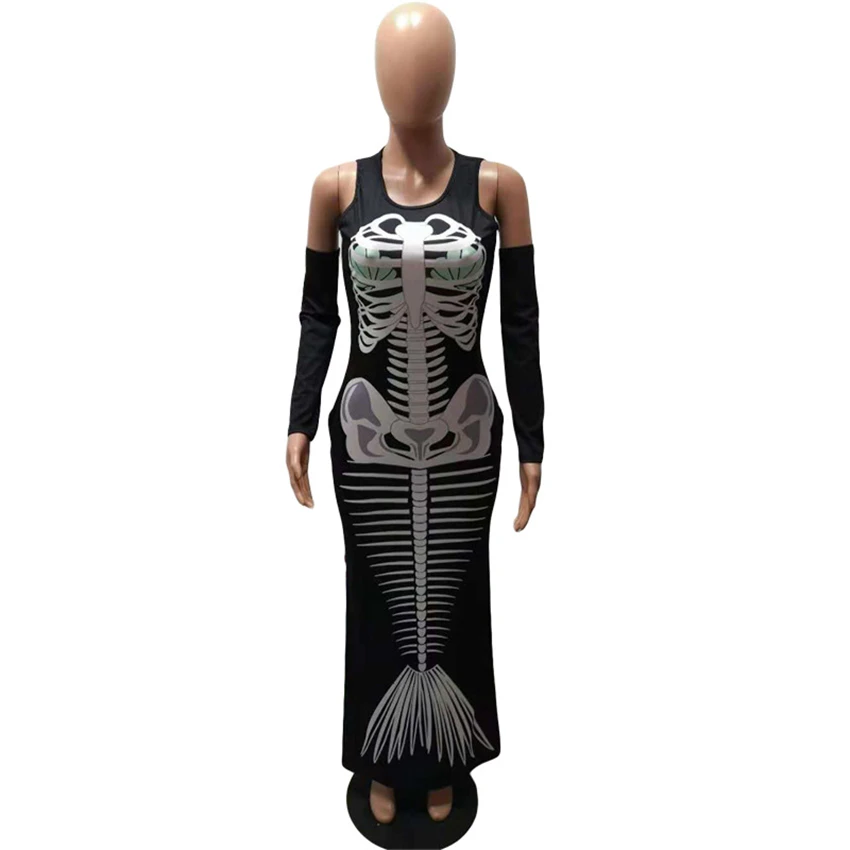 Halloween Scary Costumes for Woman Mermaid Skeleton Printed Sleeveless Cosplay Dress Party Horror Ghost Bodycon Long Dress