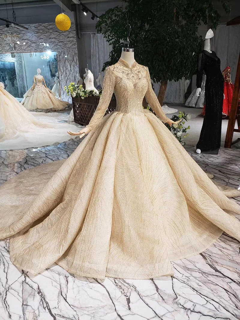 AIJINGYU Bolero Lace Gold Long Modest Bridal Gowns Newest 2021 Amazings Nova Shiny Gown Sparkle Korean Wedding Dress