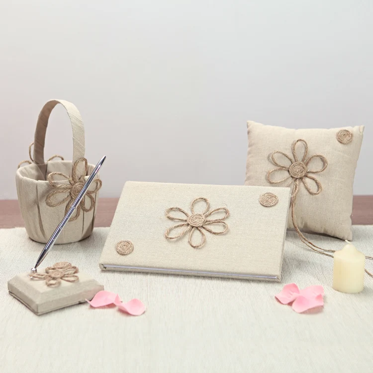 

Linen Themed Wedding Collection Sets (Set of 4 ) Wedding Guestbook Ring Pillow Pen Set and Flower Basket