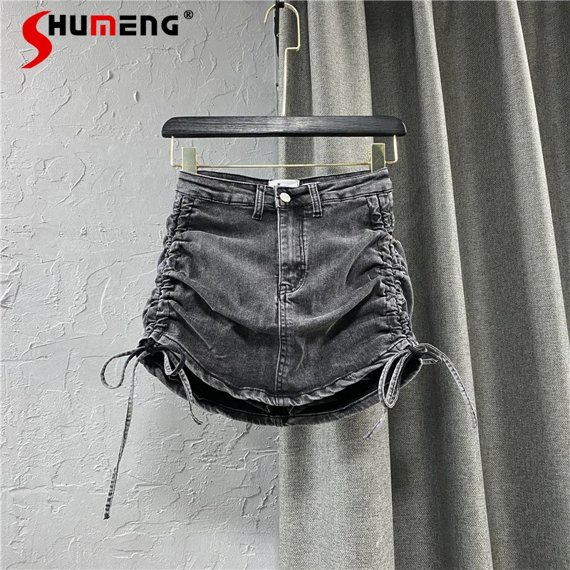 

Women's White Gray Denim Short Skirt Summer 2022 New Elegant Slim Office Lady Sheath Skirt Pleating Lolita Jean Skirts Female