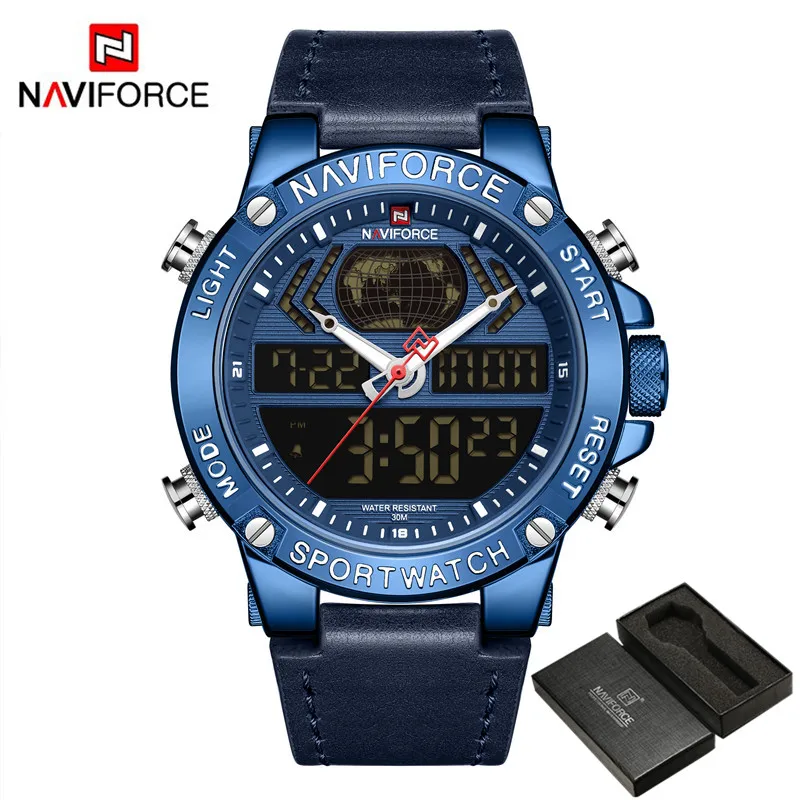 NA916402 with box NAVIFORCE мужские часы цифровые спортивные Топ брендовые роскошные мужские наручные часы военные из натуральной кожи светодиодный кварцевые деловые мужские часы 9164 - Цвет: NA916402 with box