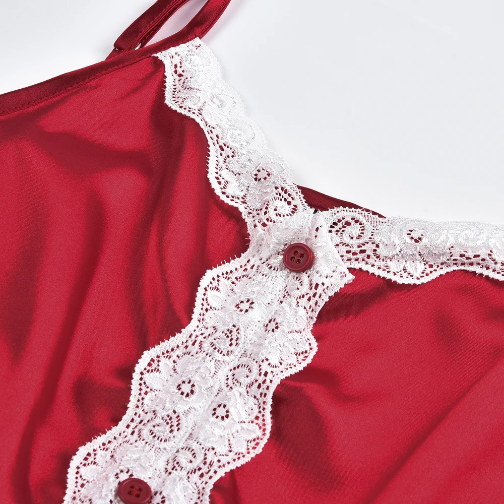 Красная женская пижама Сексуальный Атласный пижамный комплект кружевной топ на