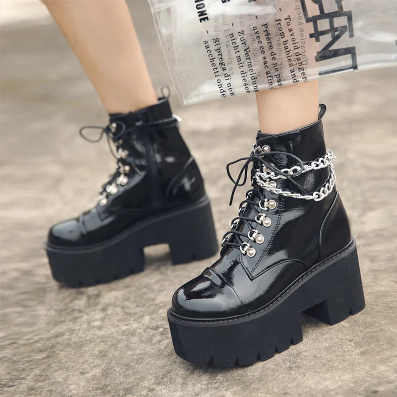 

Women Boots Platform Ankle Boots Woman Cool Gothic Chain Chunky Punk Zipper Lady Black Motorcycle Boots Female Warm Plush Shoes