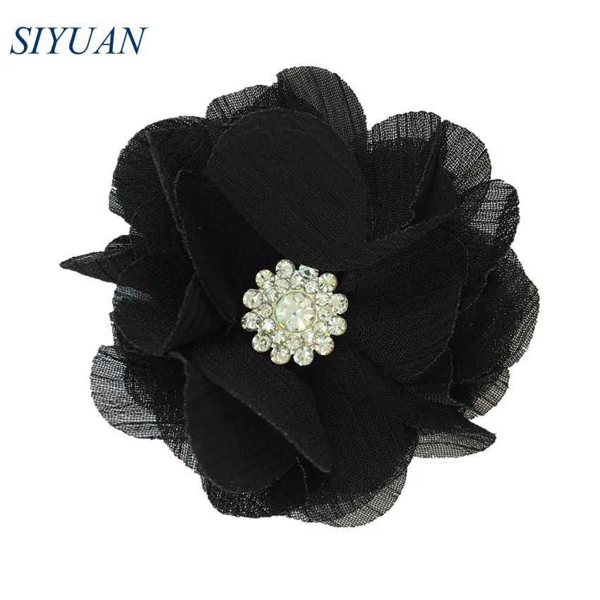 25-black 120 шт./лот,, 6 см, ткань, шифон, цветы, стразы, на пуговицах, для девушек, на каждый день, головные уборы, свадебные аксессуары TH301 - Цвет: 25-black
