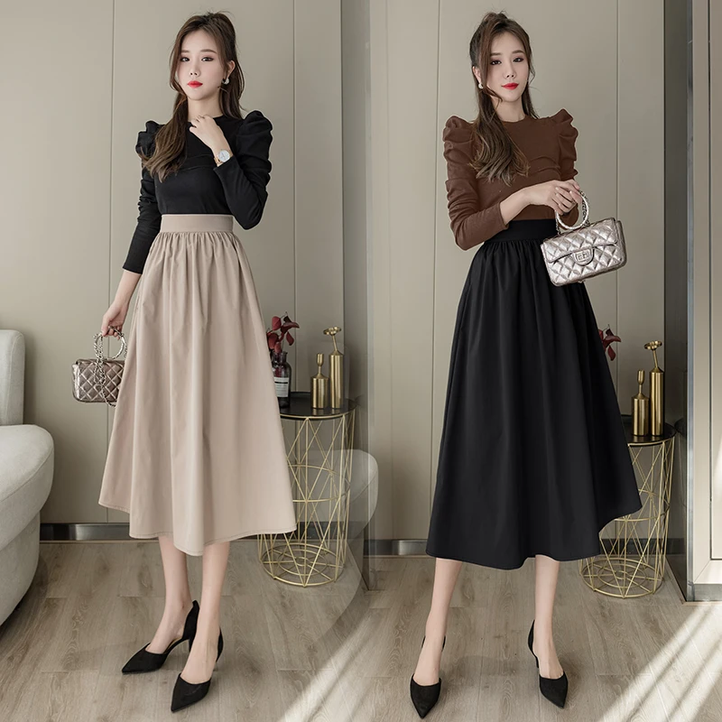 

Spring Summer Loose A-Line Midi Skirt High Waist Solid Color Female Long Skirts Vintage Black/Khaki Ladies Office Skirt