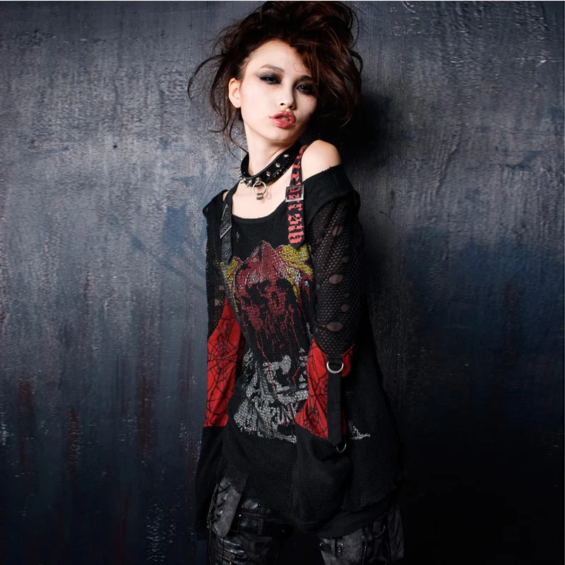 Панк рейв женский Готический кардиган с длинными рукавами принтом Футболка