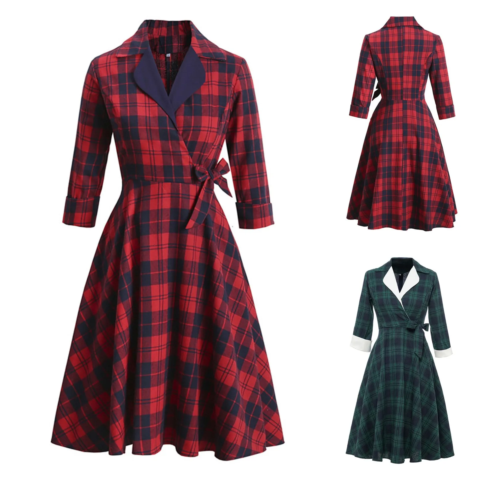 

Red Plaid Print Vintage Dress Women Christmas Casual Robe Femme Holiday Large Swing Dress Elegant Lace Up Party Dress Vestidos