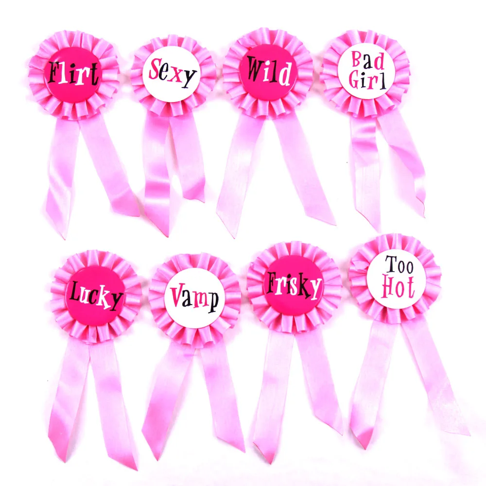 

8pcs Funny party badge light pink ribbon brooch sexy hen party fun bachelorette wedding birthday new year event party supplies