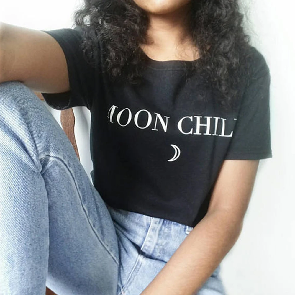 

Moon Child Women Harajuku Graphic Tees Black Cotton Summer Short Sleeve Plus Size Loose Cute Round Neck Hipster T shirts