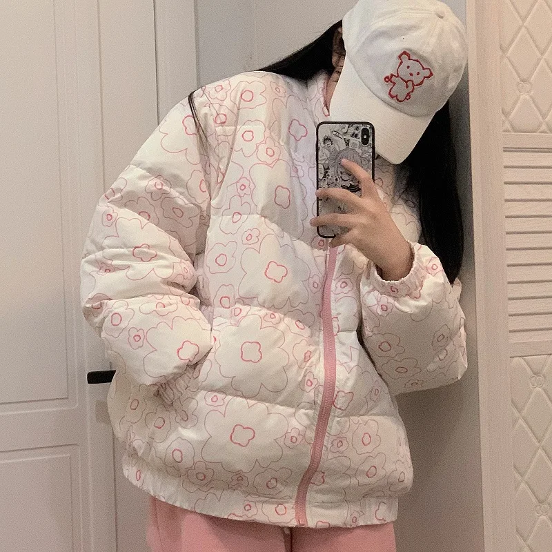 

Autumn Winter Women Sweet Floral Print Warm Parkas Japanese Preppy Style Thicked Zip Jackets Cute Loose Stand Collar Cotton Coat