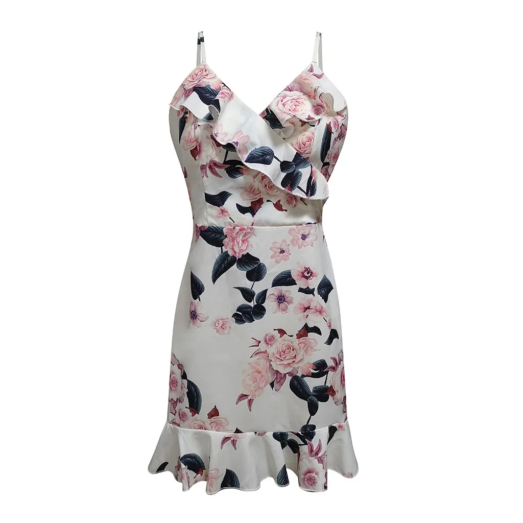 

Summer Dress Womens Floral Print Sleeveless Spaghetti Strap Dresses Ladies Ruffle Summer Beach Party Ladies Dresses Vestidos