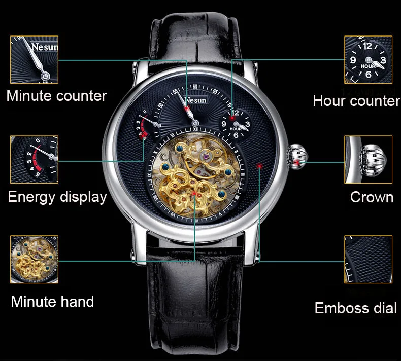 Швейцарские роскошные Брендовые Часы Nesun Hollow Tourbillon, Мужские автоматические механические часы, сапфировые водонепроницаемые часы N9081-4
