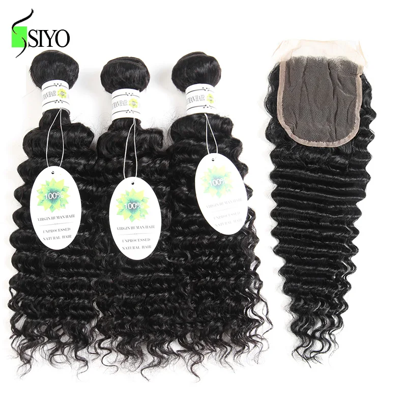 

Siyo Brazilian Deep Curly 3 Bundles with Closure 8-26” M Remy Human Hair Bundles with Lace Closure 4*4 inch