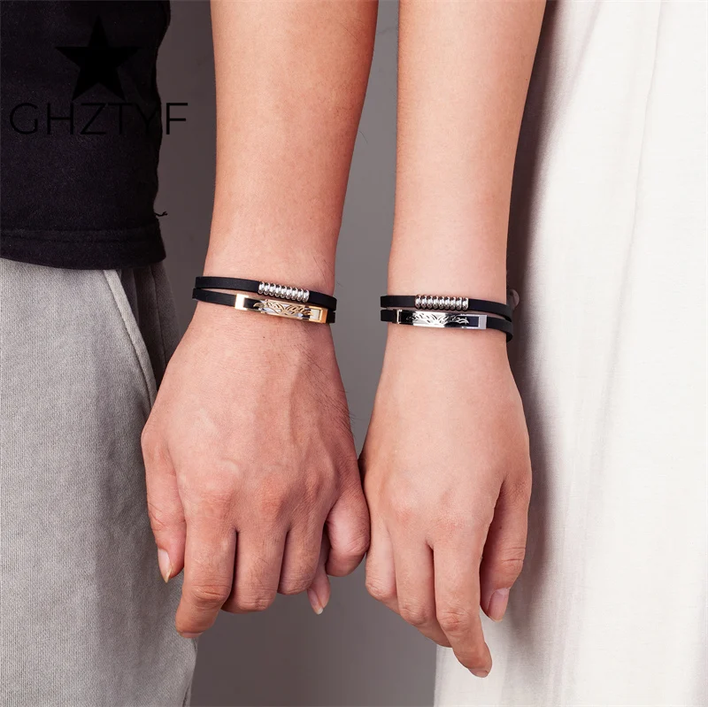 

Vintage Men's Bracelet Stainless Steel Wing Accessories Black Rubber Wristband Couple Wrist Jewelry Fashion Men and Women Bangle