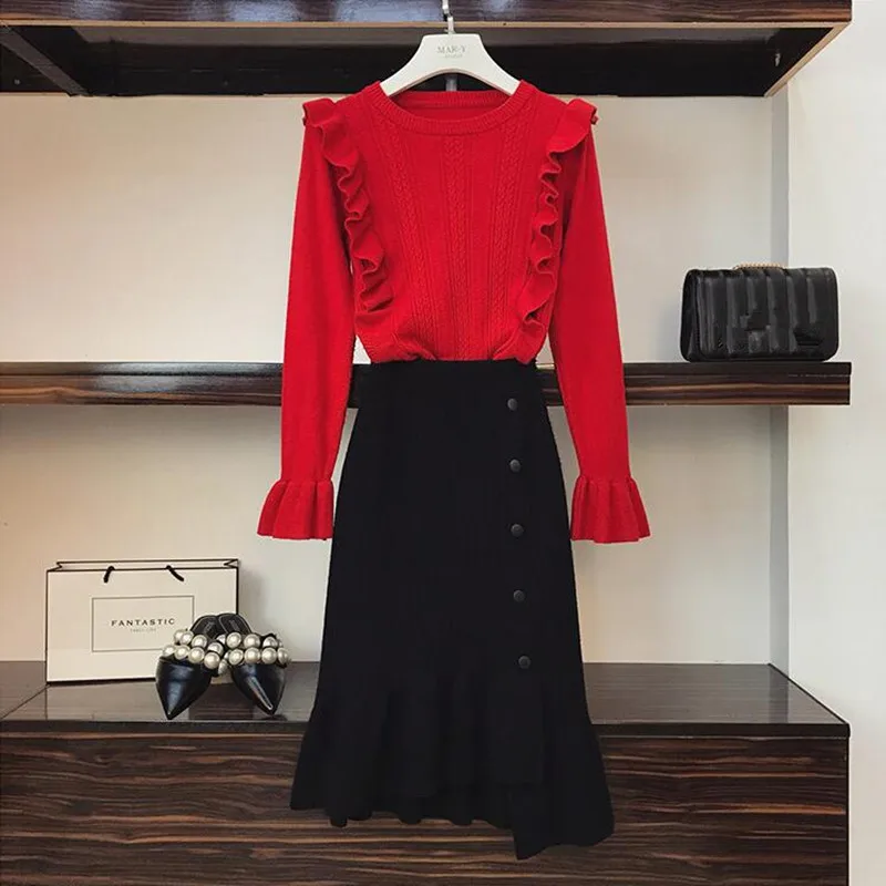 2019 черная трикотажная юбка годе комплект женской осенней одежды с расклешенным