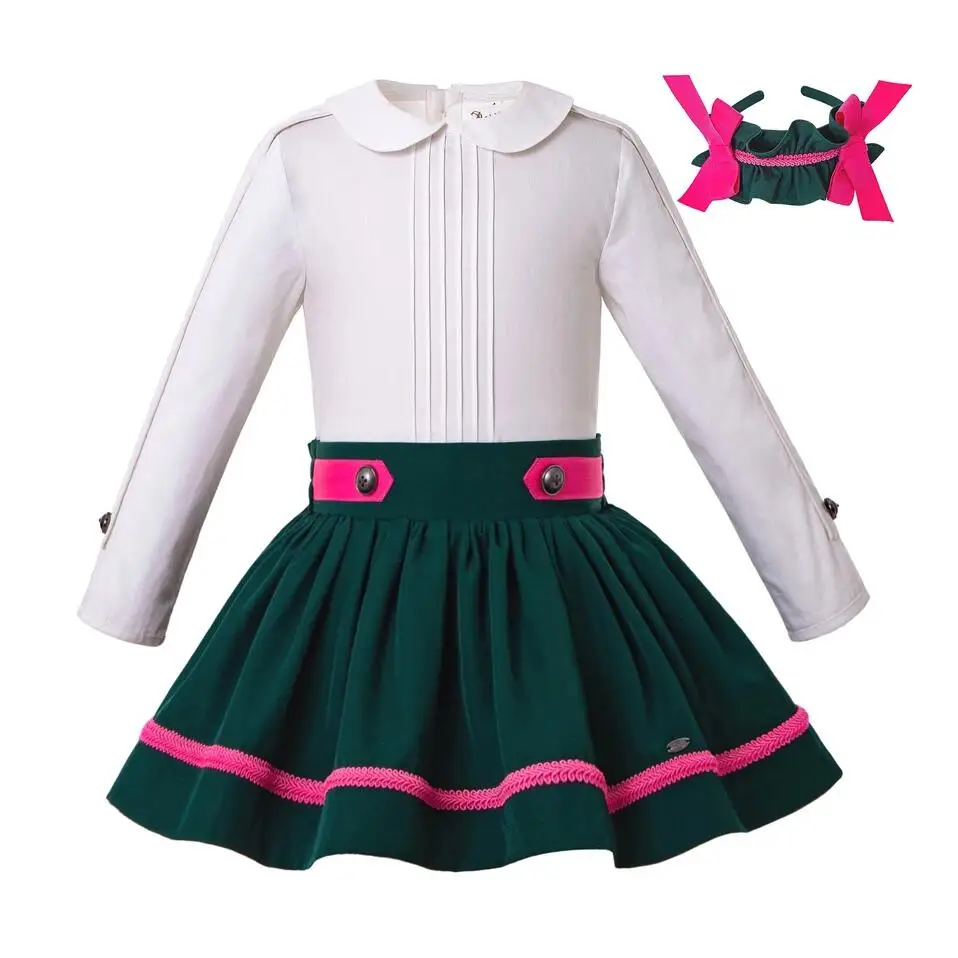 Pettigirl/Новая Осенняя Рождественская одежда Блузка для девочек + юбка темно-зеленая