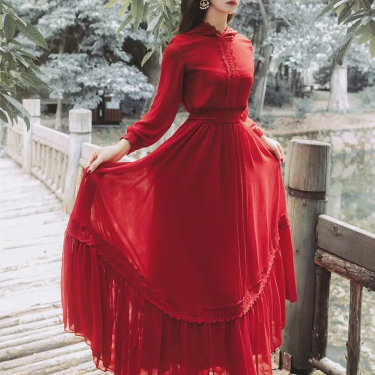 

Autumn women's explosions red retro chiffon hemp skirt hooded holiday dress autumn and winter dress