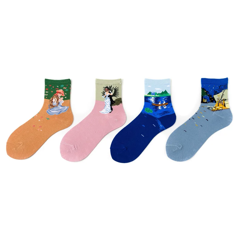 4 Pairs/lot Van Gogh Art Oil Paint Cotton Socks Cartoon Streetwear Kawaii Short Socks Happy Women Warm Funny Cute Socks