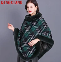 women capes striped poncho 2021 winter faux fur out street wear knitted triangle sweater plus size pullover velvet coat fur neck