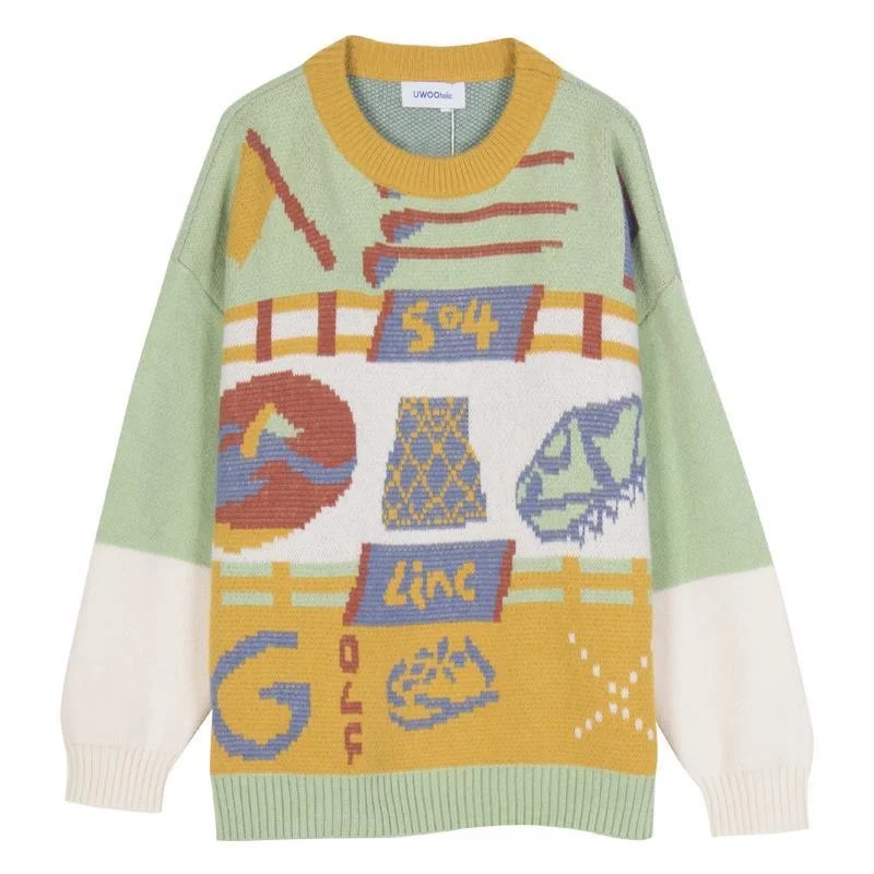 

Vintage Sweater Women's Patchwork Cartoon Print Knitted Sweaters 2021 Autumn Winter Long Sleeve Pullover Women Loose Top