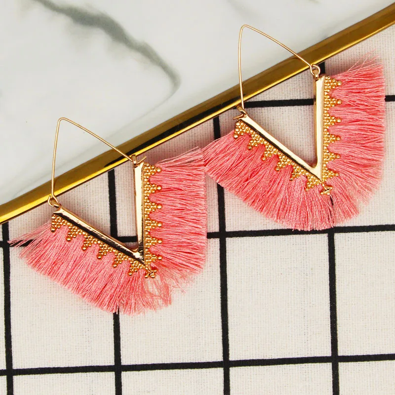 Euramerican Brand Trendy Geometric Metal Alloy V Shaped Dangle Earrings Spring Colorful Cotton Thread Tassel Earring for Women | Украшения