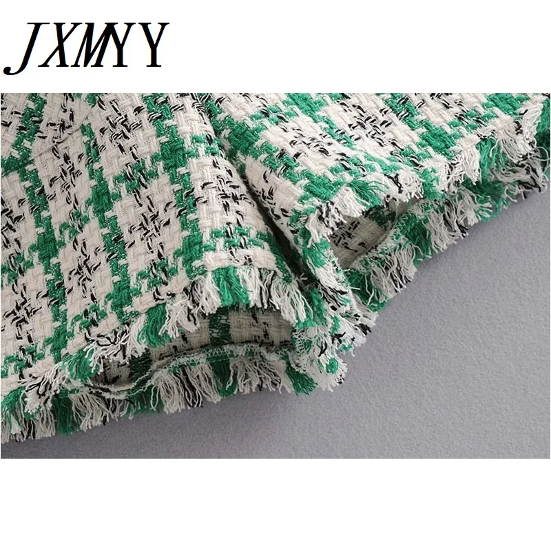 

Elegant Women Tweed Rompers 2021 Fashion Ladies Green Plaid Rompers Streetwear Female Sweet Pocket Playsuit Girls Chic Romper