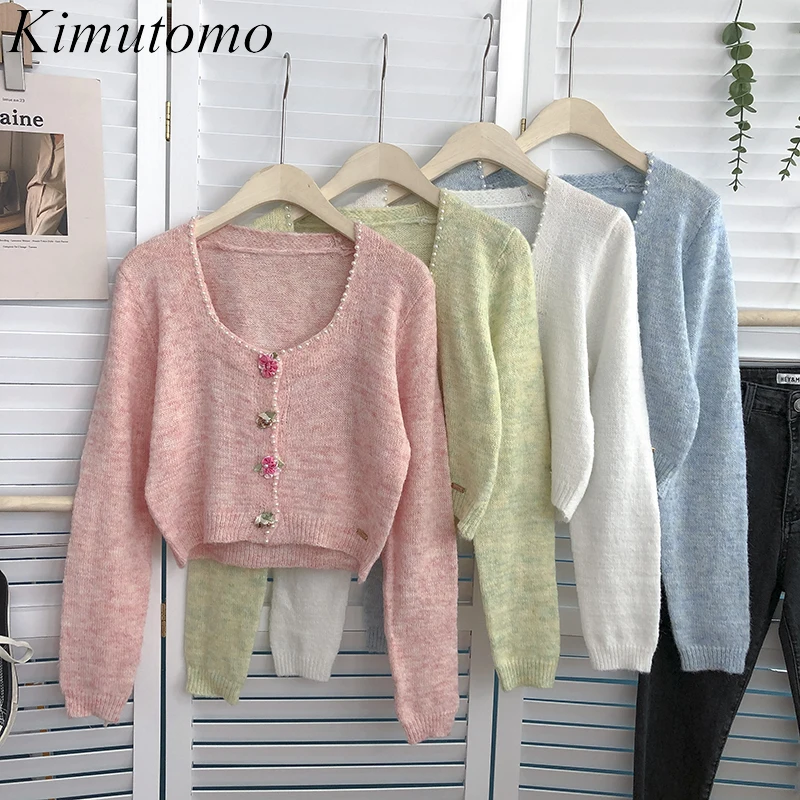 

Kimutomo Chic Sweet Knitting Cardigan Woman Autumn New Korean Ins Square Collar Beading Floral Buttons Single Breast Short Top