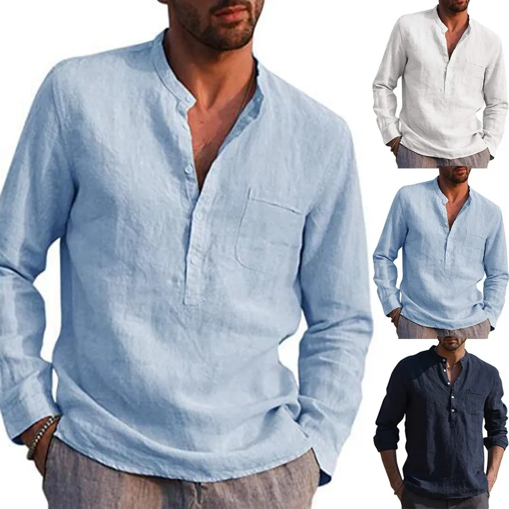 

Male Long Sleeve Linen Button T-Shirt O-neck Fashion Summer Solid Casual Cotton Linen Loose Blouse Tee Top Men Clothing 2021