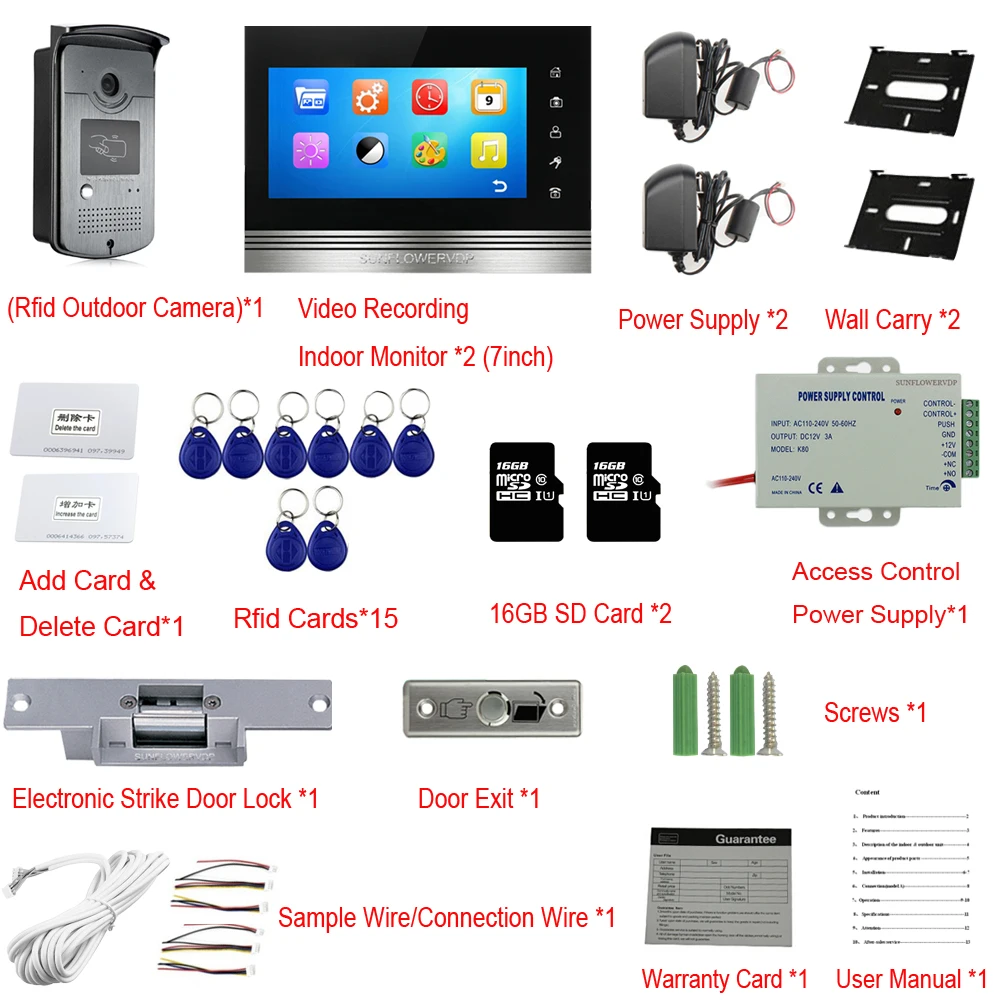 16 Гб SD-карта видеодомофон 7-дюймовый цветной монитор водонепроницаемая камера Rfid
