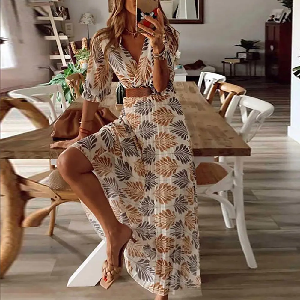 

Boho Summer Beach Dress for Women Casual Bohemian Short Sleeve V Neck Loose High Waist Print Dress with Belt Women's Vestiges