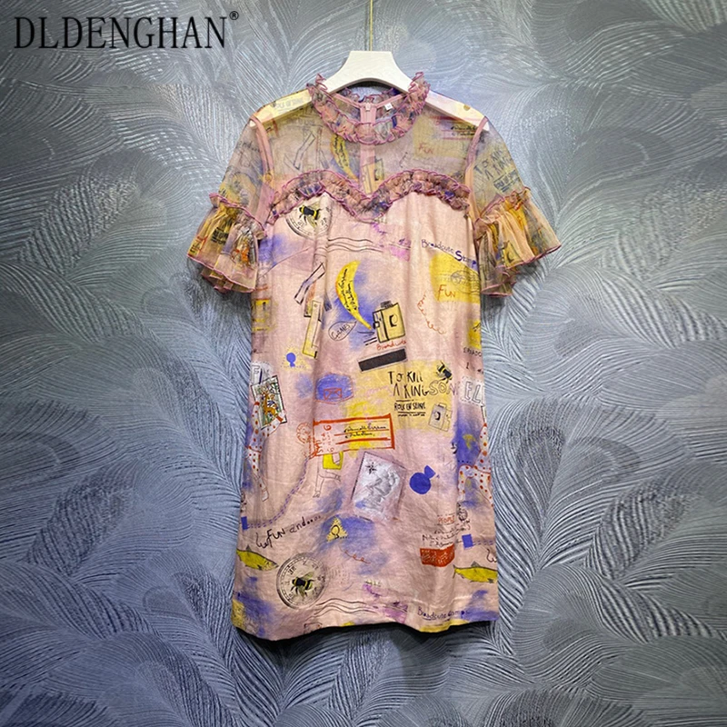 

DLDENGHAN Patchwork Print Bohemian Linen Dress For Women Stand Collar Flare Sleeve Ruffle Summer Dresses Fashion Female New