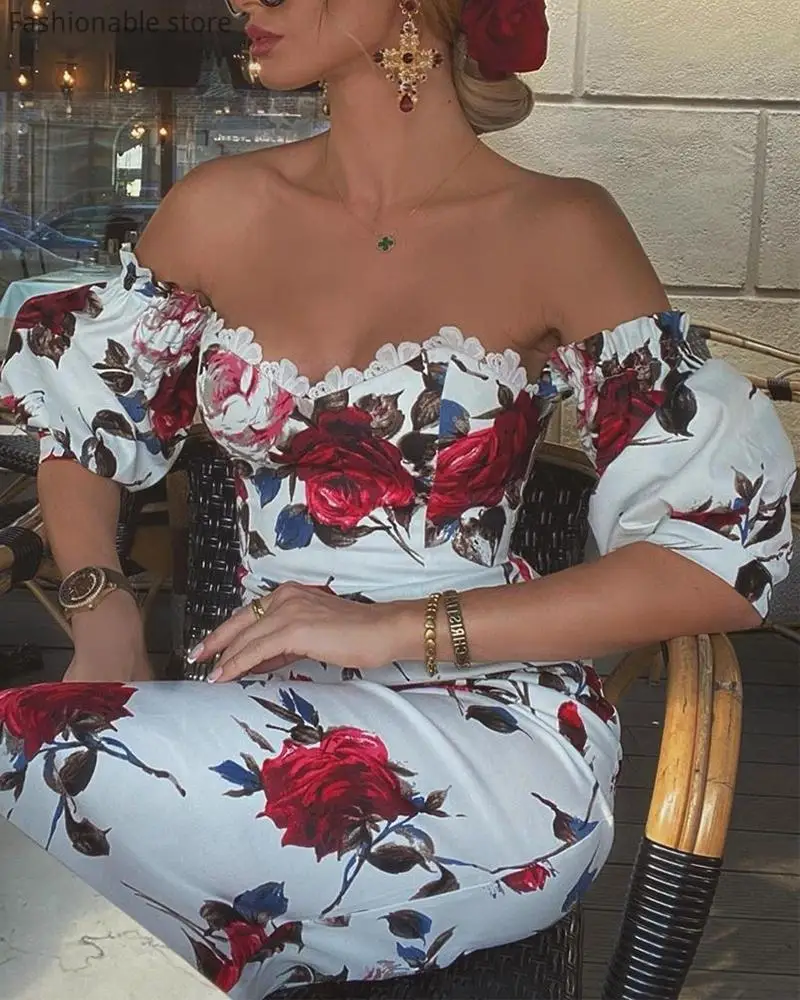 Женское винтажное вечернее платье миди облегающее с цветочным принтом вырезом