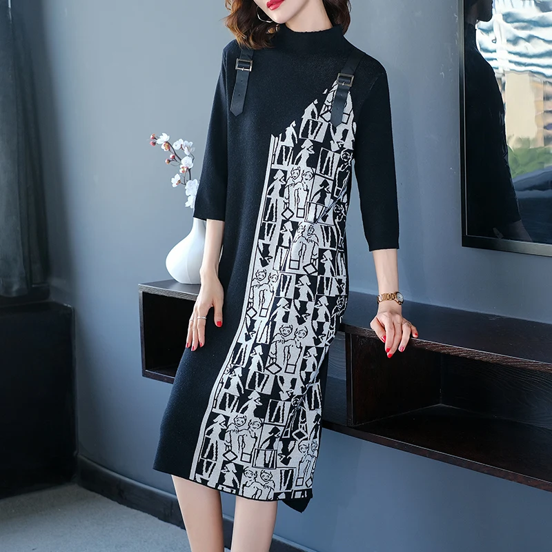 New arrival autumn &amp spring ladies fashion cashmere leather floral printing casual slim wool sweater dress pullovers | Женская одежда