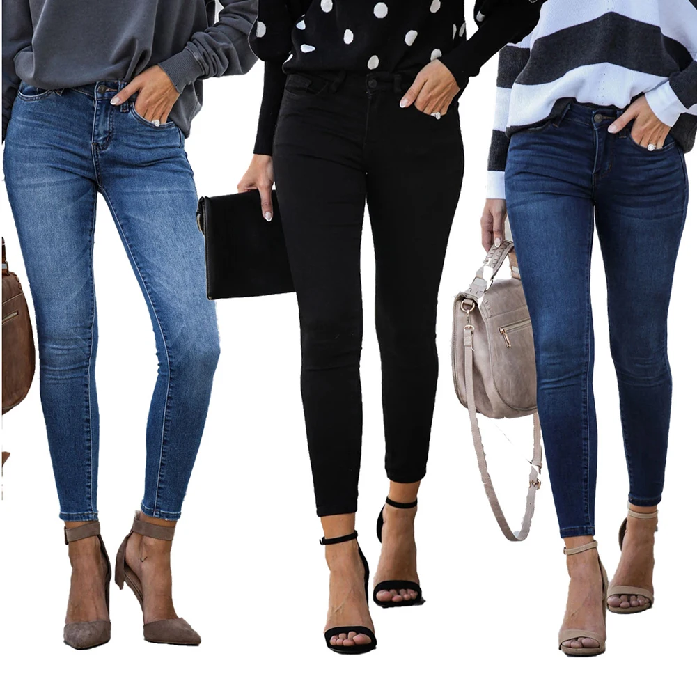 

Женские облегающие джинсовые укороченные брюки с высокой эластичной талией, джинсы с эффектом потертости, джеггинсы, женские узкие брюки н...