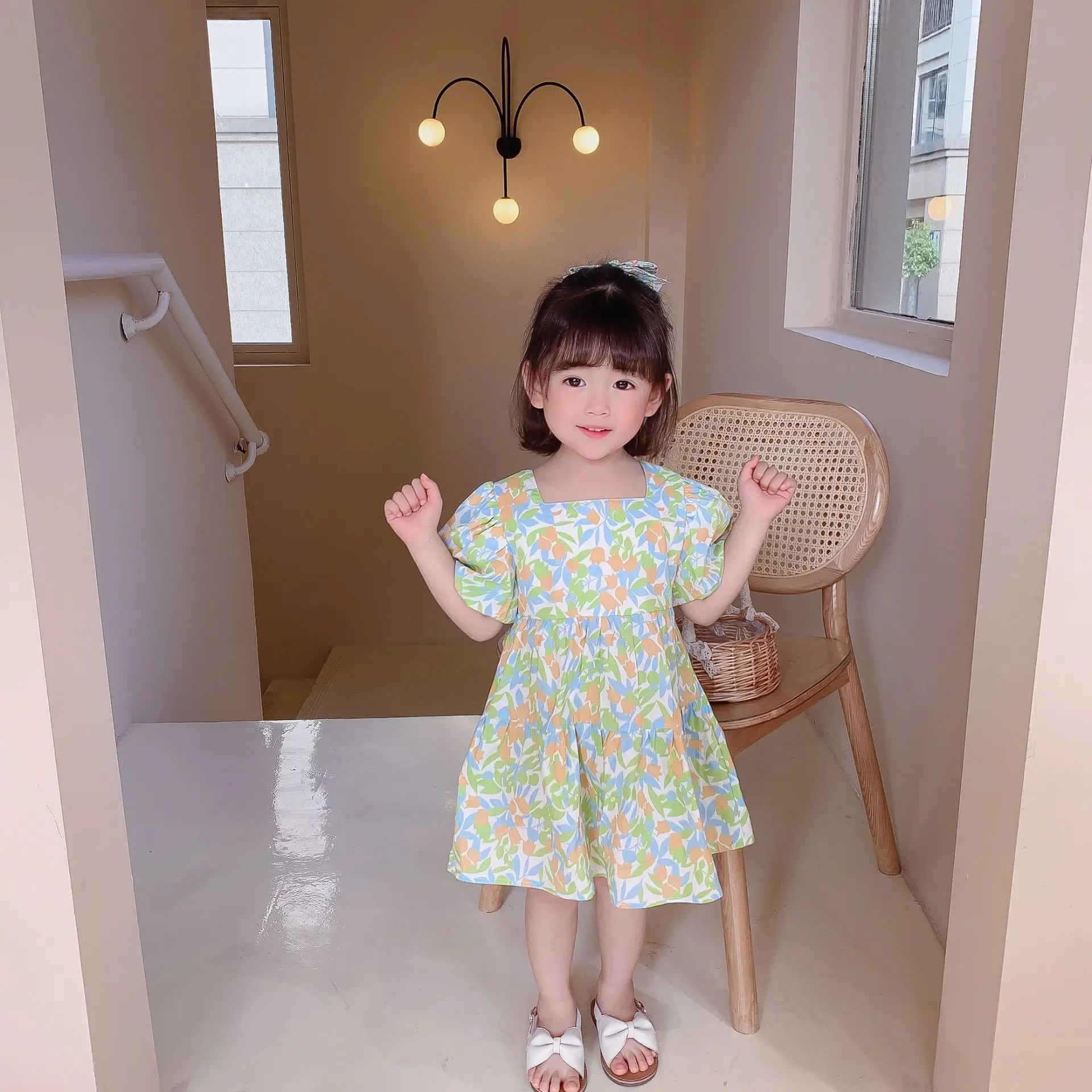

New Baby Girls Summer Spring Turtleneck Dresses Cloth Formal Kids Fashion Casual Skirt Floral Children Puff Sleeve Open Back