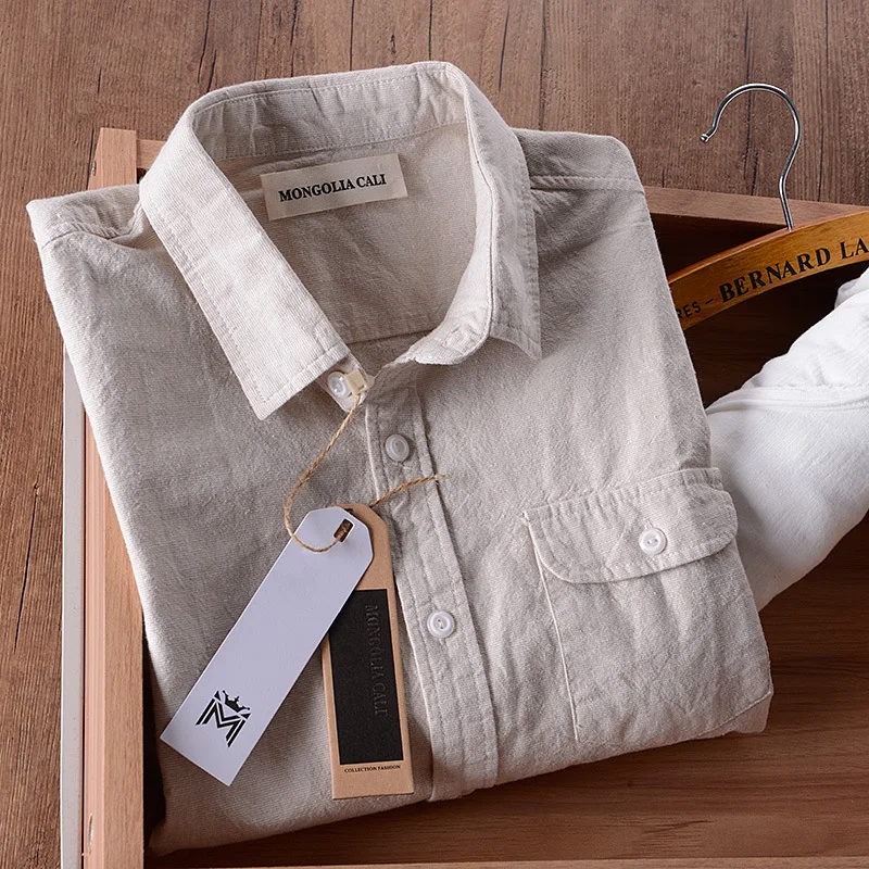 

Camisa de lino de manga larga para hombre, Camisa informal de moda, de algodon, lisa, ajustada, marca de Italia