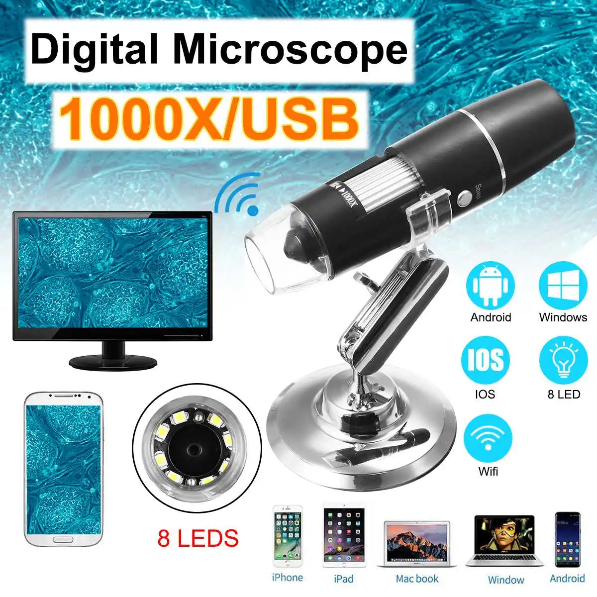С 8 светодиодами HD 1080P WiFi микроскоп 1000X лупа для Android ios Iphone iPads Windows MAC Бесплатная