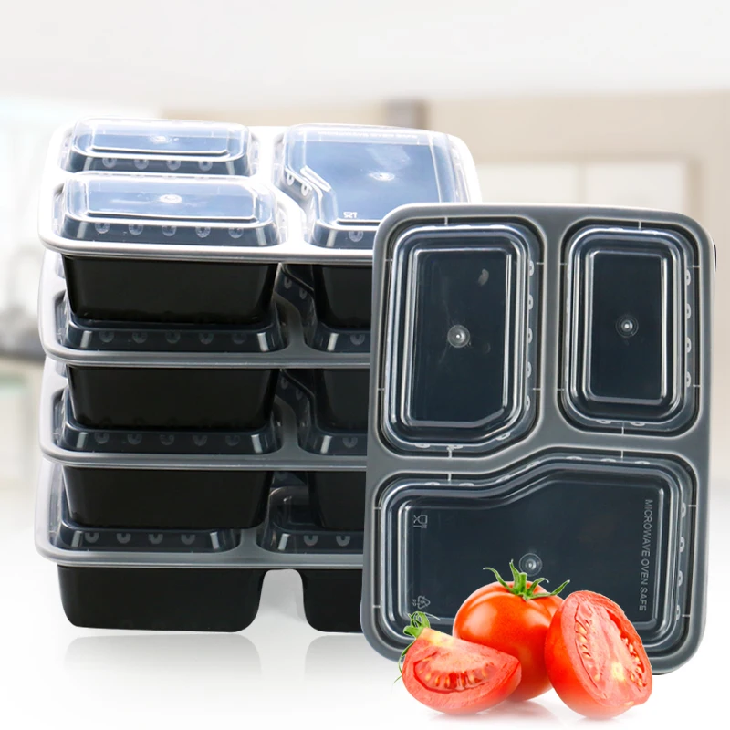 10PCS Meal Prep Portable Bento Box Plastic Reusable 3 Compartment Lunch Box Food Storage Container with Lid Microwave Dinnerware